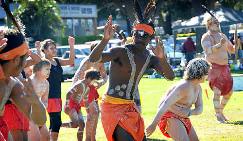 Josh Roma dances with the Kalu Yurung (fast rain) dance group at Nelson Reserve yesterday as part of Naidoc week celebrations. Josh Roma dances with the Kalu Yurung (fast rain) dance group at Nelson Reserve yesterday as part of Naidoc week celebrations.